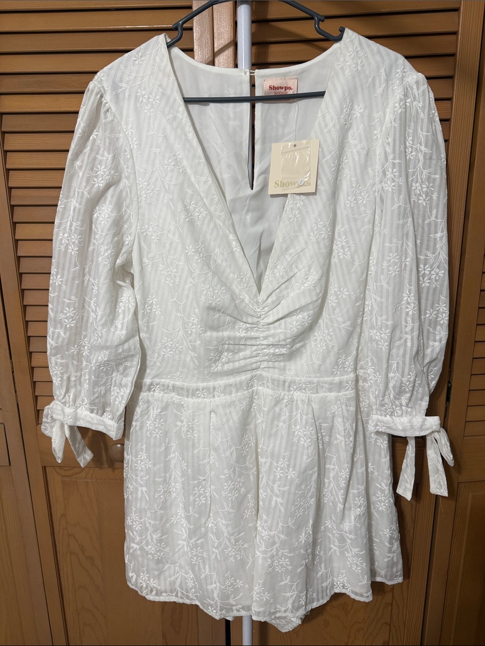 Showpo. White Embroidered V-Neck Tie-Sleeve Romper